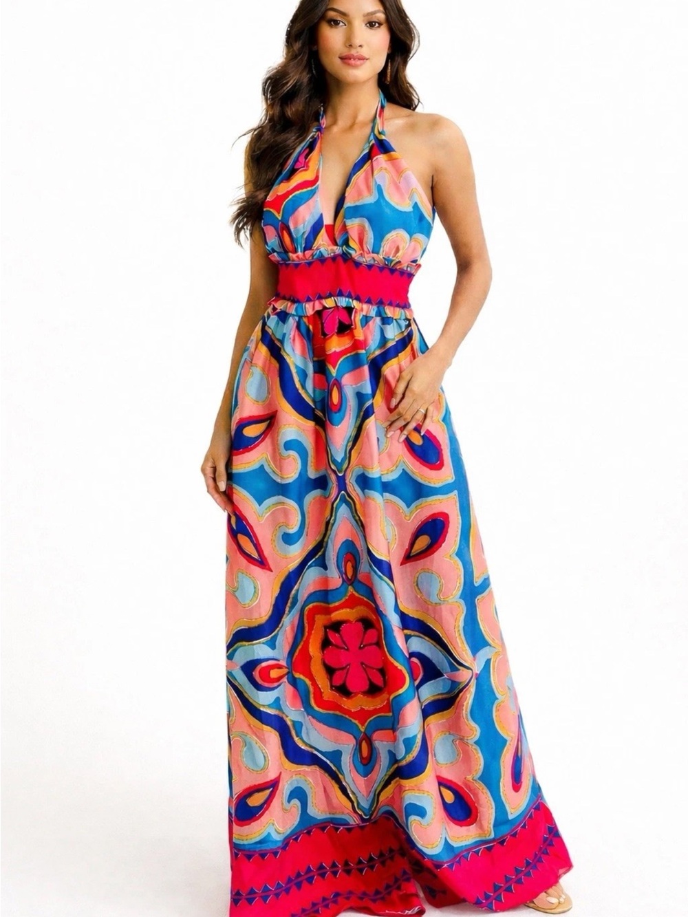 Sugarlips Pink and Blue Halter Maxi with Bold Abstract Medallion Print